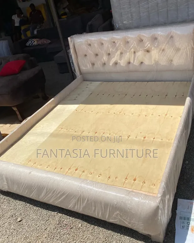 Cream Bed 5x6 with Short Tufted Headboard - 1