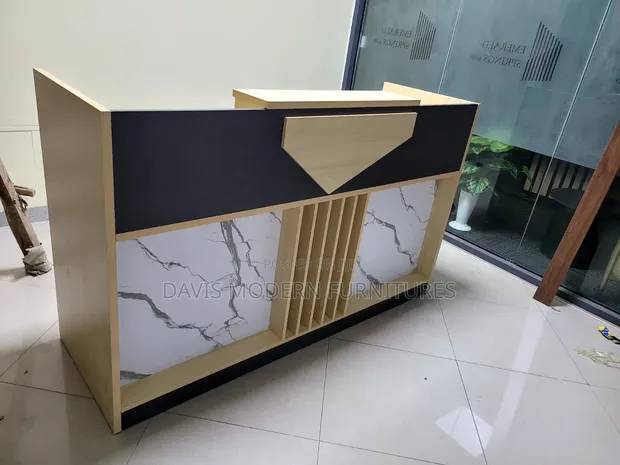 Modern Reception Counter Desk - Black, Wood & Marble - 1