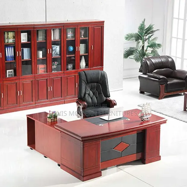 Executive Office Desk with Side Return - Burgundy & Black - 1