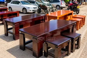 Seti ya Jedwali la Kahawa la Mbao la Kisasa la Kahawia na Viti