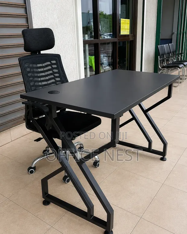 Modern Black Office Desk with Metal Frame - 1