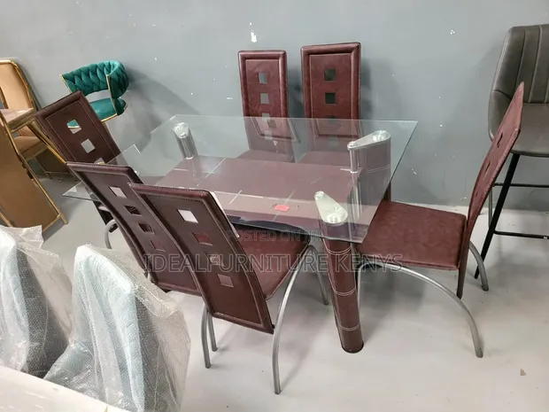 Set ya Meza ya Chakula ya 6-Seater yenye Kioo na Viti vya Ngozi vya Kahawia - 1