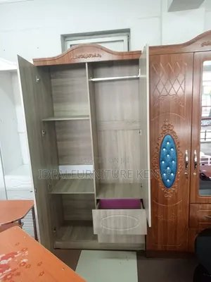 3-Door Wooden Wardrobe with Mirror & Drawers - Brown/Blue
