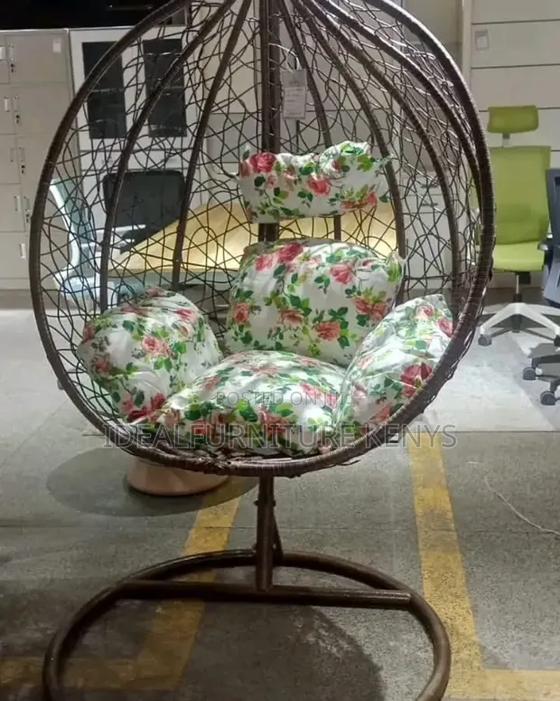 Egg Swing Chair with Stand - Rattan Floral Cushions - 1