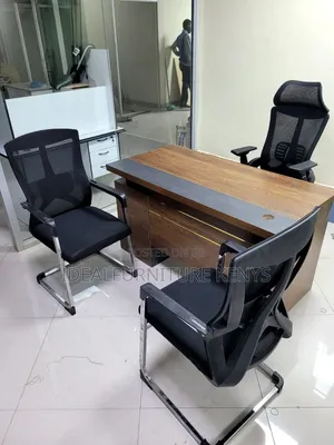 Executive Office Desk with Mesh Chairs - Walnut Brown
