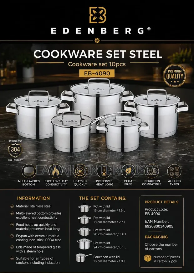 12pc Edenburg Stainless Steel Cookware Set - 1