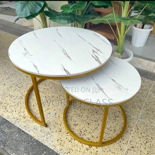 2-in-1 Round White Marble-Effect Nesting Coffee Table Set with Gold Legs - 1