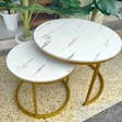 2-in-1 Round White Marble-Effect Nesting Coffee Table Set with Gold Legs - 2