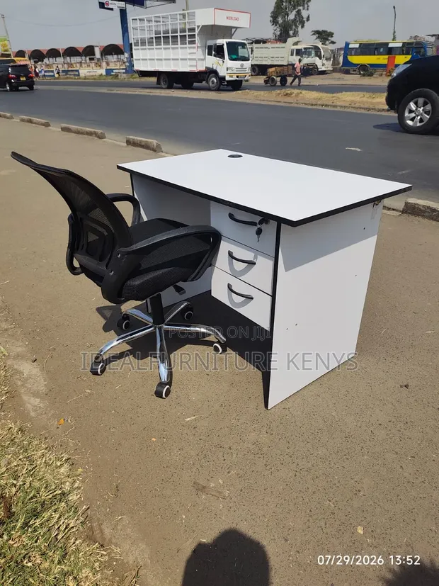 Mesh Office Desk with White Drawers & Swivel Chair - 1