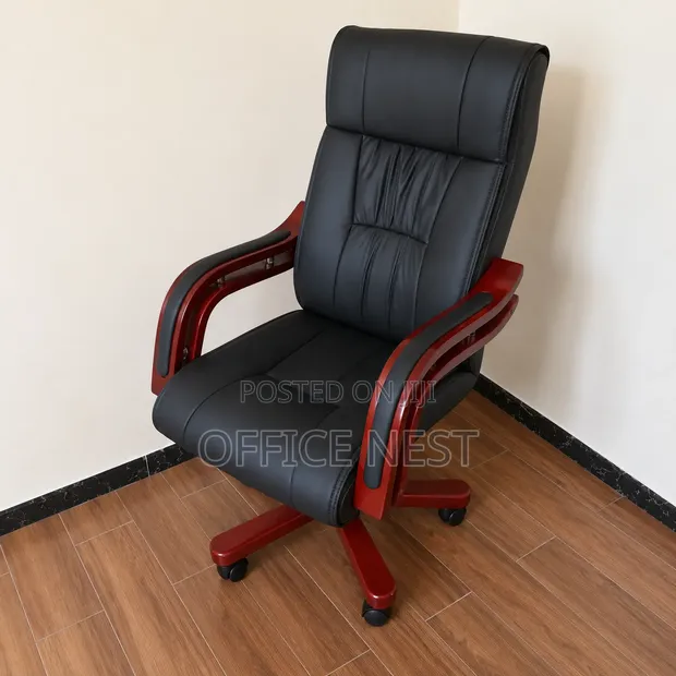 High Back Leather Managerial Chair with Wooden Arms - 1