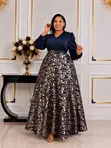 A-Line Maxi Dress ya Navy Blue na Picha ya Peacock - 1