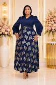 A-Line Maxi Dress ya Navy Blue na Picha ya Peacock - 2