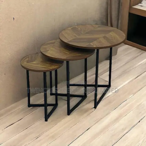 3-in-1 Modern Round Walnut Nesting Table with Black Stands - 1
