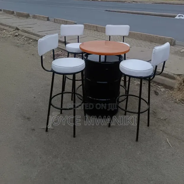 Bar Set: White Chairs & Custom Drum Table - 1