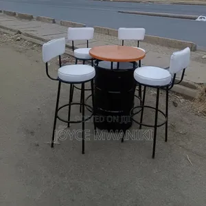 Bar Set: White Chairs & Custom Drum Table