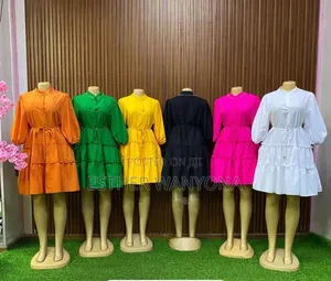 Long Sleeve Tiered Ruffle Mini Dress yenye Pearl Mock Neck