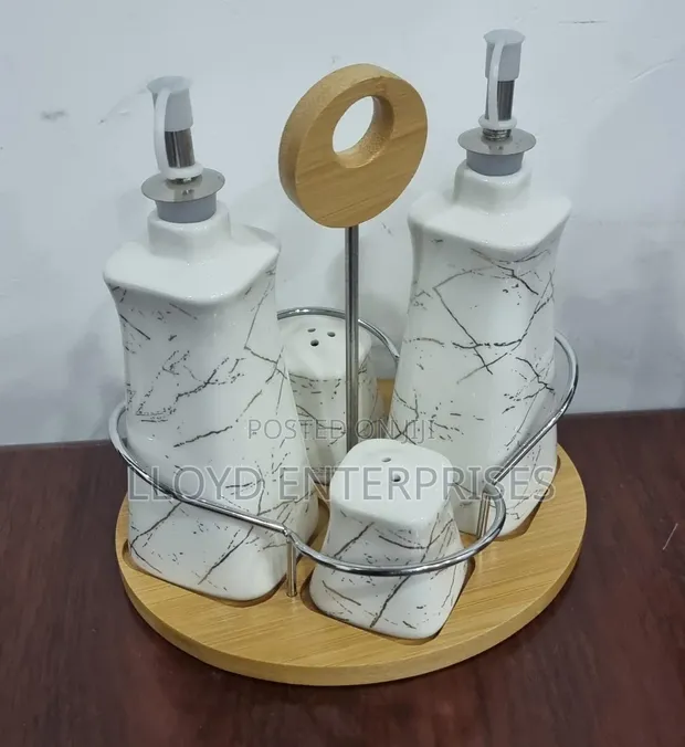 Ceramic Gravy Boat, Oil Dispenser & Shakers Set with Bamboo Base - 1