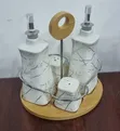 Seti ya Mchuzi wa Kauri, Kisambazaji cha Mafuta na Vinyunyuzaji na Msingi wa Mianzi - 1