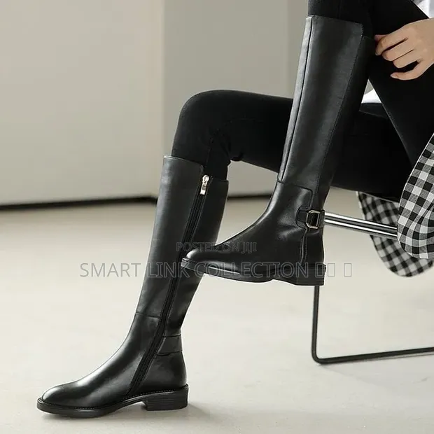 Black Leather Buckled Knee Boots - 1