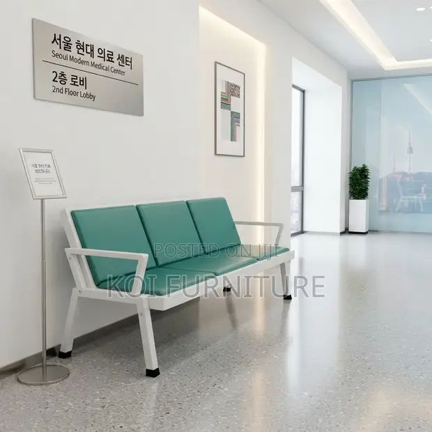 Blue Leather Three-Seater Reception Bench - 1