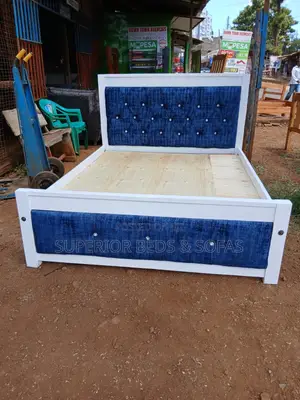 5x6 Blue Denim Tufted Bed with White Frame
