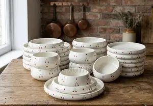 24-Piece Elegant White Cherry Print Ceramic Dinner Set