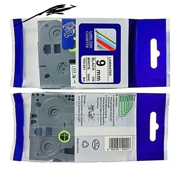9mm x 8m Tape ya Lebo Nyeusi kwenye Nyeupe Inayolingana (TZ-221) - 1