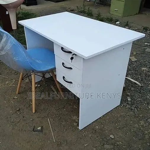 White 1M Office Desk with 3 Drawers & Eames Style Chair - 1