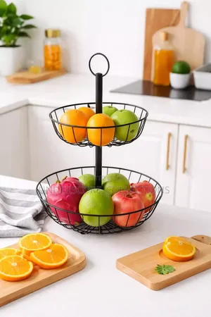 2-Tier Fruit Basket Holder with Banana Hanger - Black