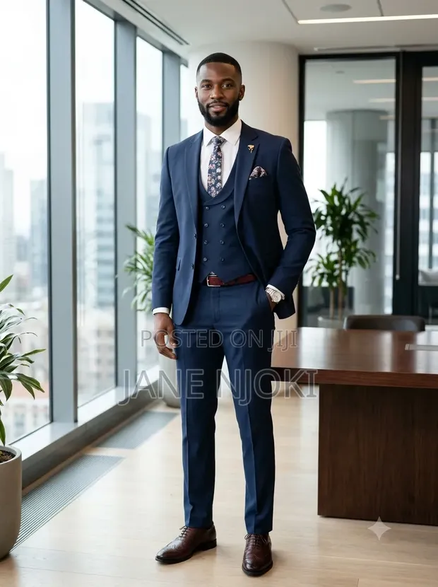 Satoria 3-Piece Dark Blue Suit with White Shirt & Floral Tie - 1