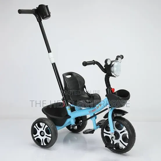Tricycle Mpya ya Watoto na Handle ya Kushinikiza (Bluu) - 1