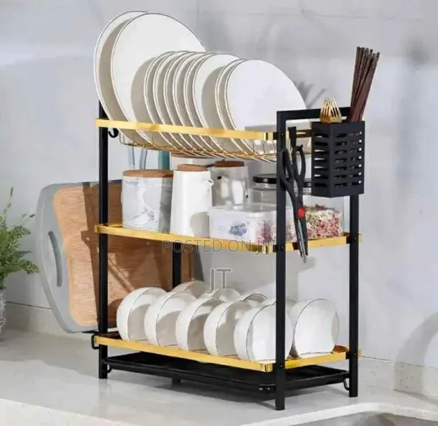 3-Layer Dish Rack - Nyeusi na Dhahabu - 1