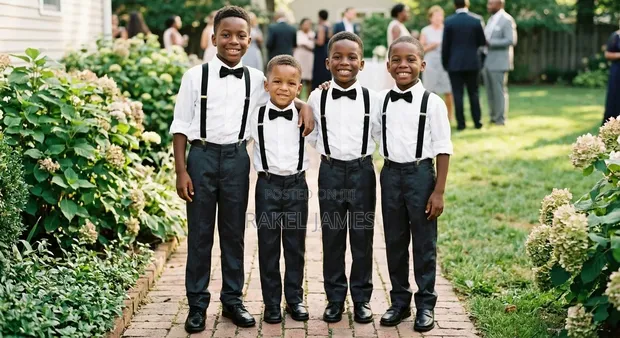 Kids White Shirt, Black Suspenders & Bowtie Set - 1