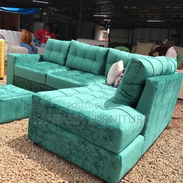 5-Seater Turquoise Sectional Sofa with Footstool - 1