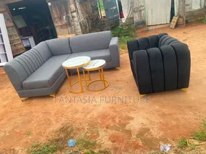 Channel Tufted 5-Seater Grey Sofa with Coffee Tables & Armchair