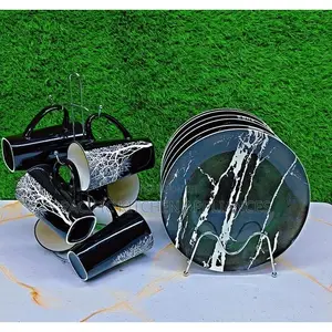 12-Piece Ceramic Mug & Plate Set - Black Tree Pattern