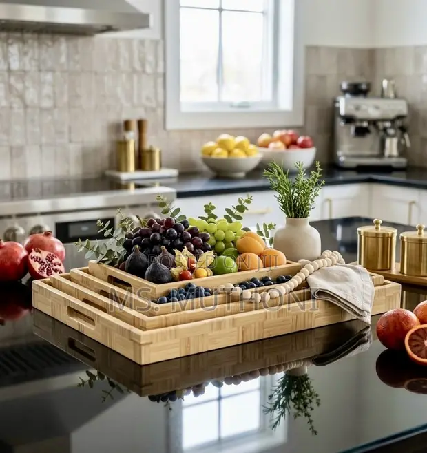 3-in-1 Natural Woven Block Pattern Bamboo Trays - 1