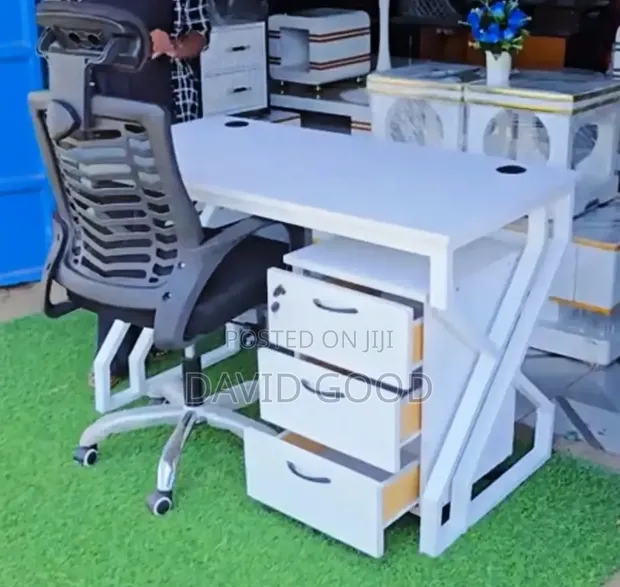 Executive White Office Desk with Headrest Chair - 1