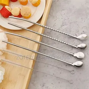 6pcs Stainless Steel Straw Spoon + Brush Set