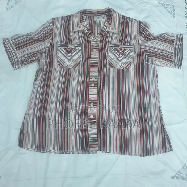 XXL Vintage Short-Sleeve Blouse yenye Michirizi - 1