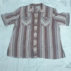XXL Vintage Vertical Striped Short-Sleeve Blouse