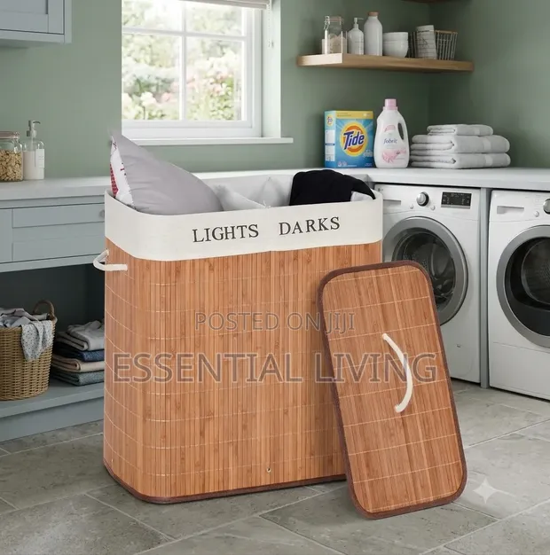 2-Section Collapsible Wooden Laundry Hamper - 1