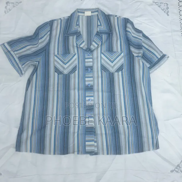 XXL Vintage Vertical Striped Short-Sleeve Blouse (Oversized) - 1