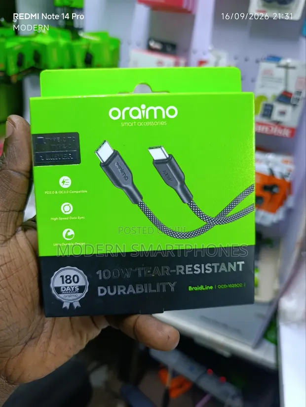 Oraimo Braid 5A 100W Fast Charging Type-C to Type-C Cable 1M - 1