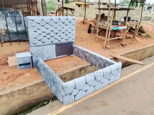 Ideal 5x6 Grey Velvet Bed with Nightstand