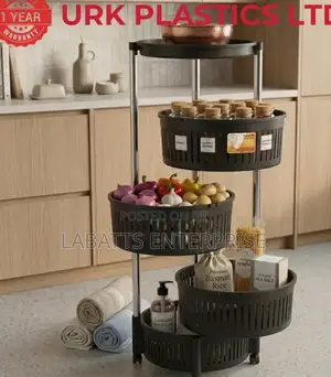 Urk 4-Tier Rotatable Fruit Rack with Wheels - Black