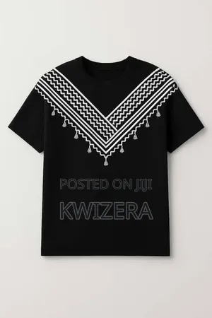Stylish Black T-Shirt with White Geometric V-Chest Print & Tassels