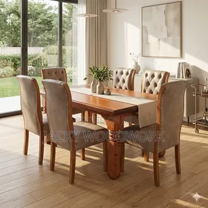 Seti ya Meza ya Kula ya Mahogany Imara na Viti vya Chesterfield Vilivyopakwa
