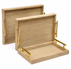 3-Piece Wooden Serving Tray Set with Gold Handles