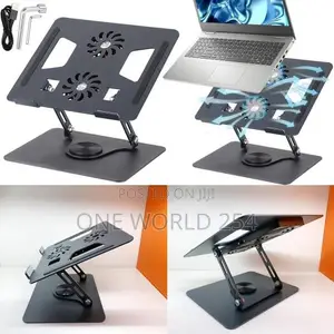 Aluminum Laptop Stand with 360° Rotating Base & Dual Cooling Fans